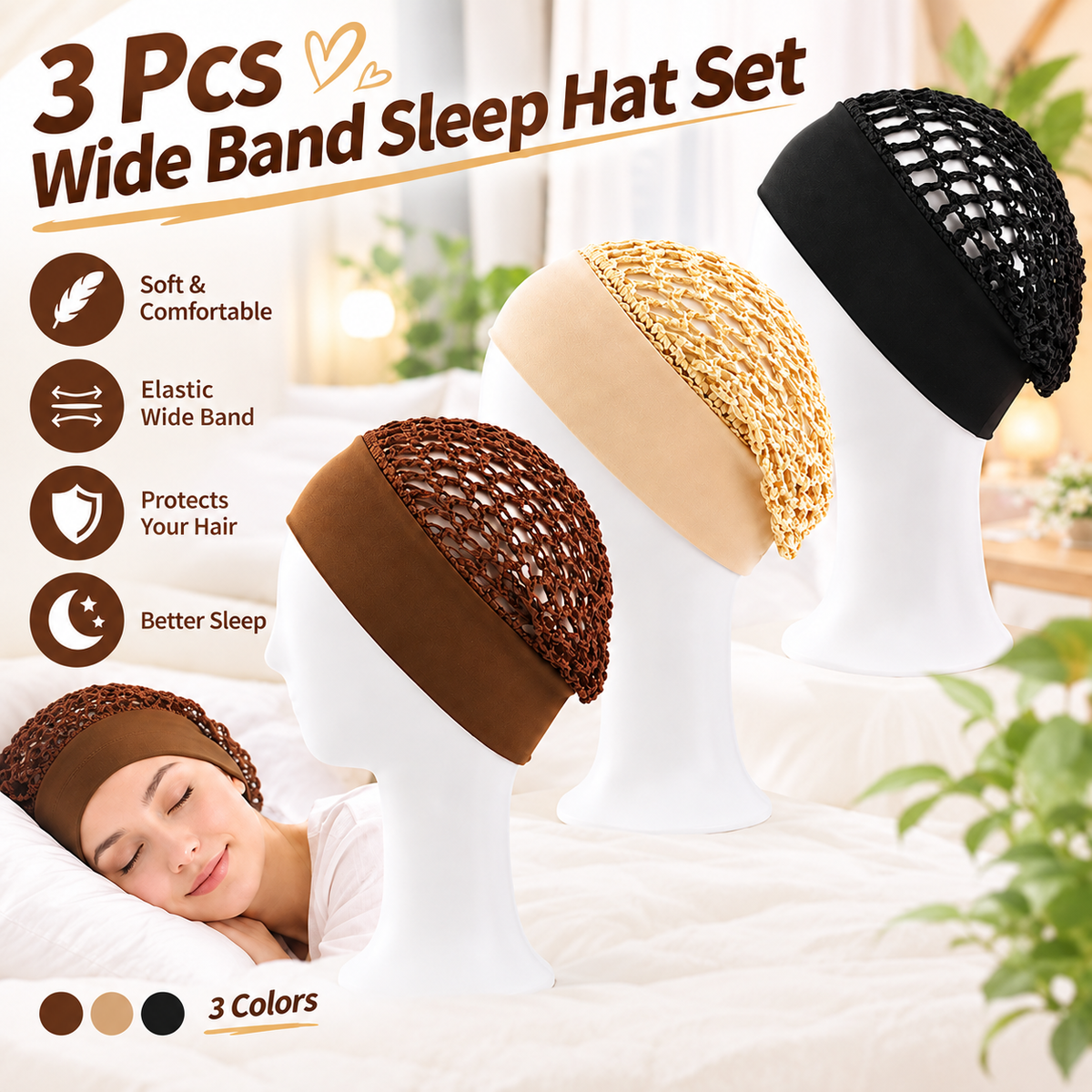 TYIIPRO™ 3-Piece Stretchy Satin-Style Sleeping Cap Set – Wide-Edge Protective Hair Bonnets for Nighttime Hair Care