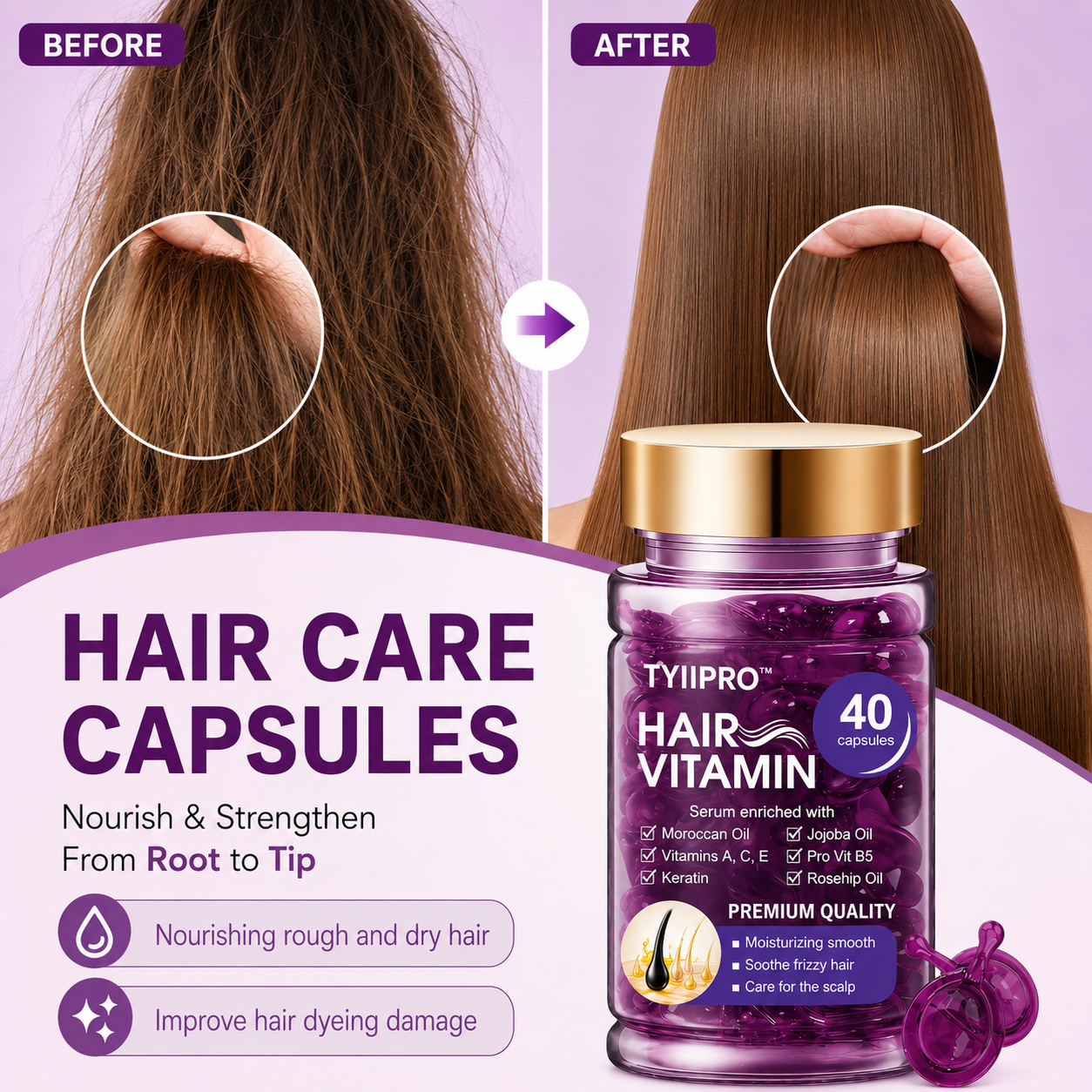TYIIPRO™ Hair Vitamin Serum Capsules – Argan Oil Frizz Control & Shine Care for Dry, Color-Treated Hair, 40 Capsules