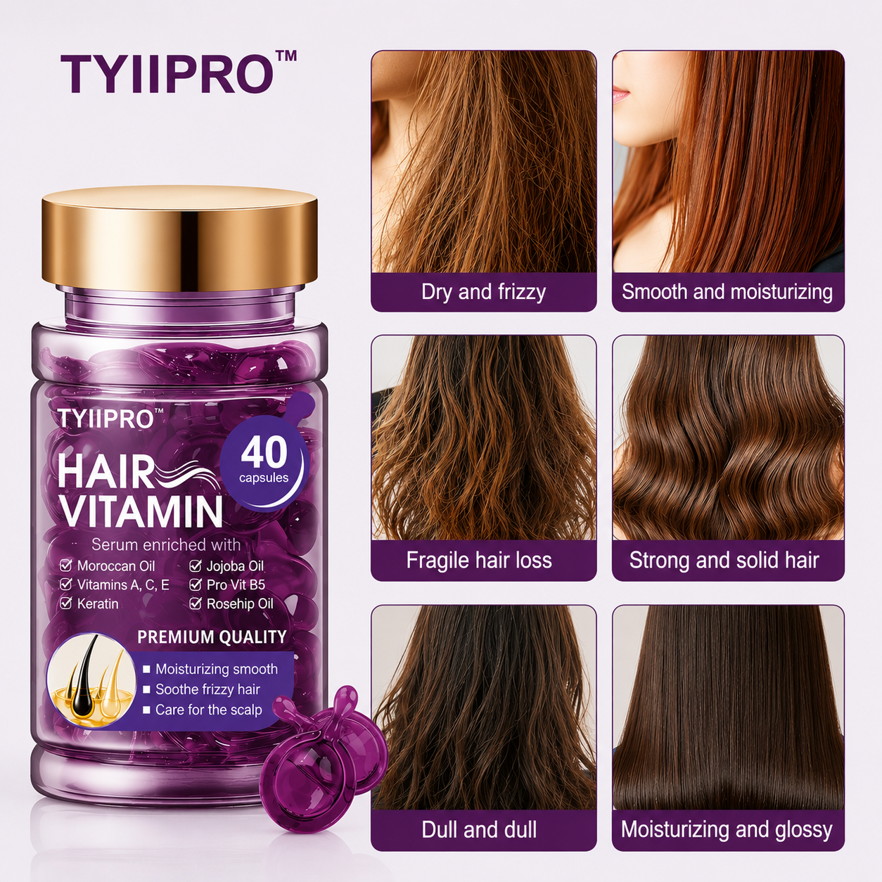 TYIIPRO™ Hair Vitamin Serum Capsules – Argan Oil Frizz Control & Shine Care for Dry, Color-Treated Hair, 40 Capsules