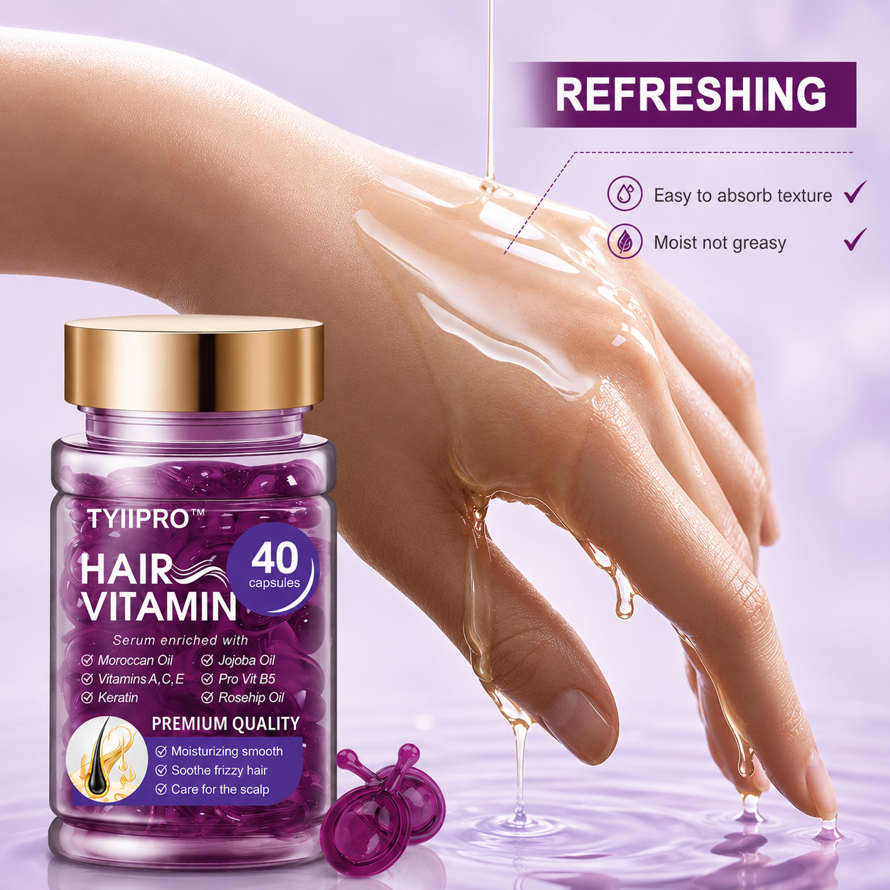 TYIIPRO™ Hair Vitamin Serum Capsules – Argan Oil Frizz Control & Shine Care for Dry, Color-Treated Hair, 40 Capsules