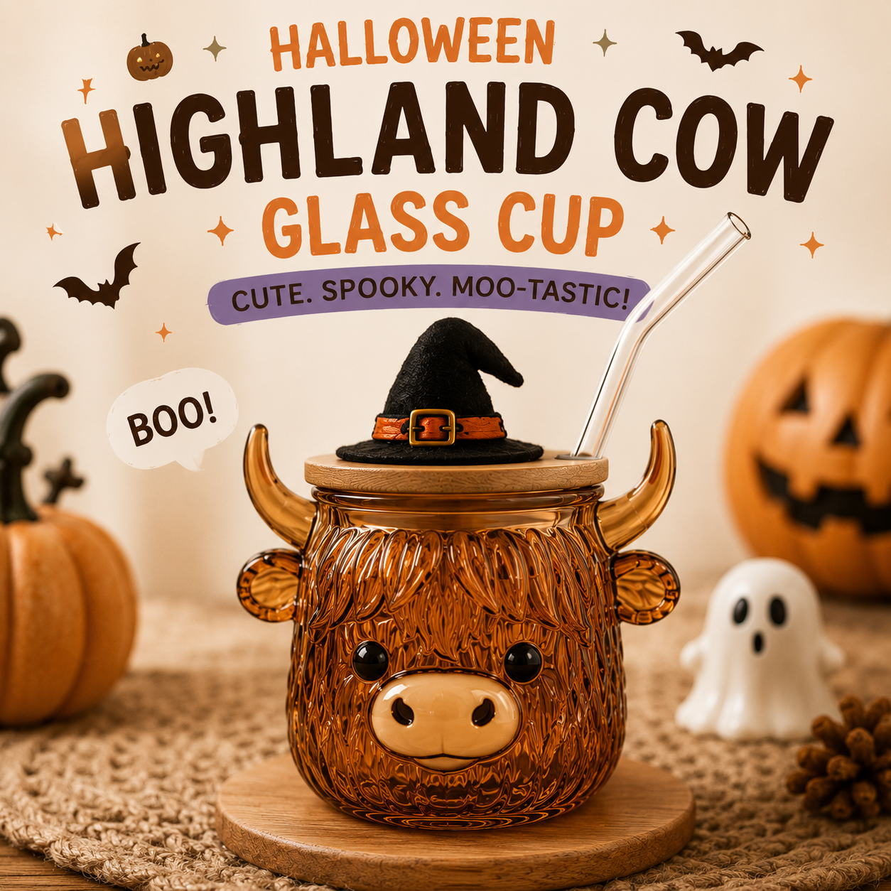 🎃 Halloween Glass Cup Collection – Highland Cow, Ghost & Pumpkin | 12oz Glass Cup with Wooden Lid & Straw