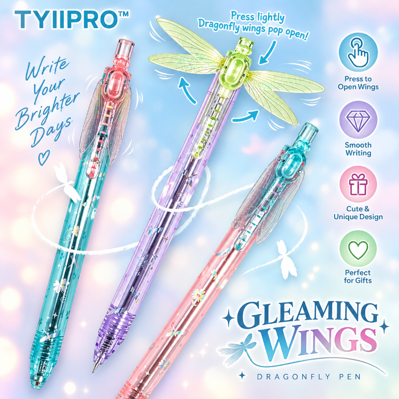 TYIIPRO™ Dragonfly Wing Retractable Gel Pen – 0.5mm Black Ink Smooth Quick-Dry Ballpoint Pen, Cute Aesthetic Writing Pen for Students & Journaling