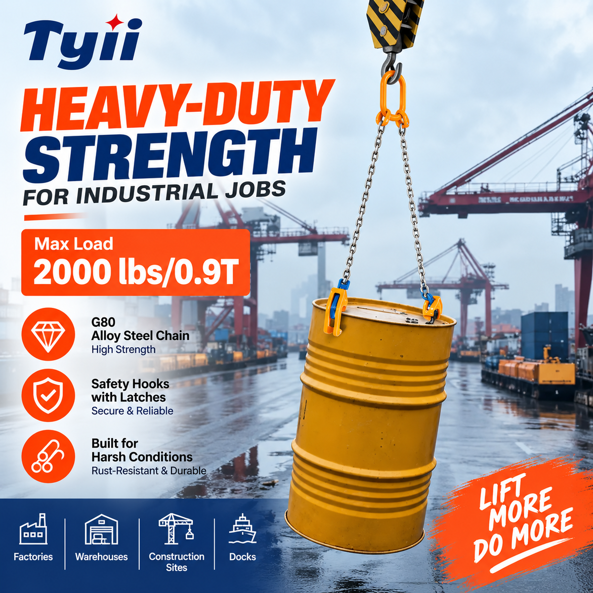 TYII™ Heavy-Duty Drum Lifter – G80 Alloy Steel Chain Sling with Safety Hooks, 2200 lbs Capacity for Steel & Plastic Drums