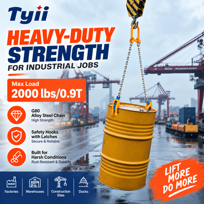 TYII™ Heavy-Duty Drum Lifter – G80 Alloy Steel Chain Sling with Safety Hooks, 2200 lbs Capacity for Steel & Plastic Drums