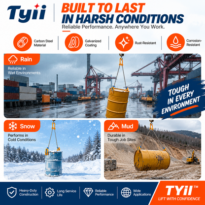 TYII™ Heavy-Duty Drum Lifter – G80 Alloy Steel Chain Sling with Safety Hooks, 2200 lbs Capacity for Steel & Plastic Drums