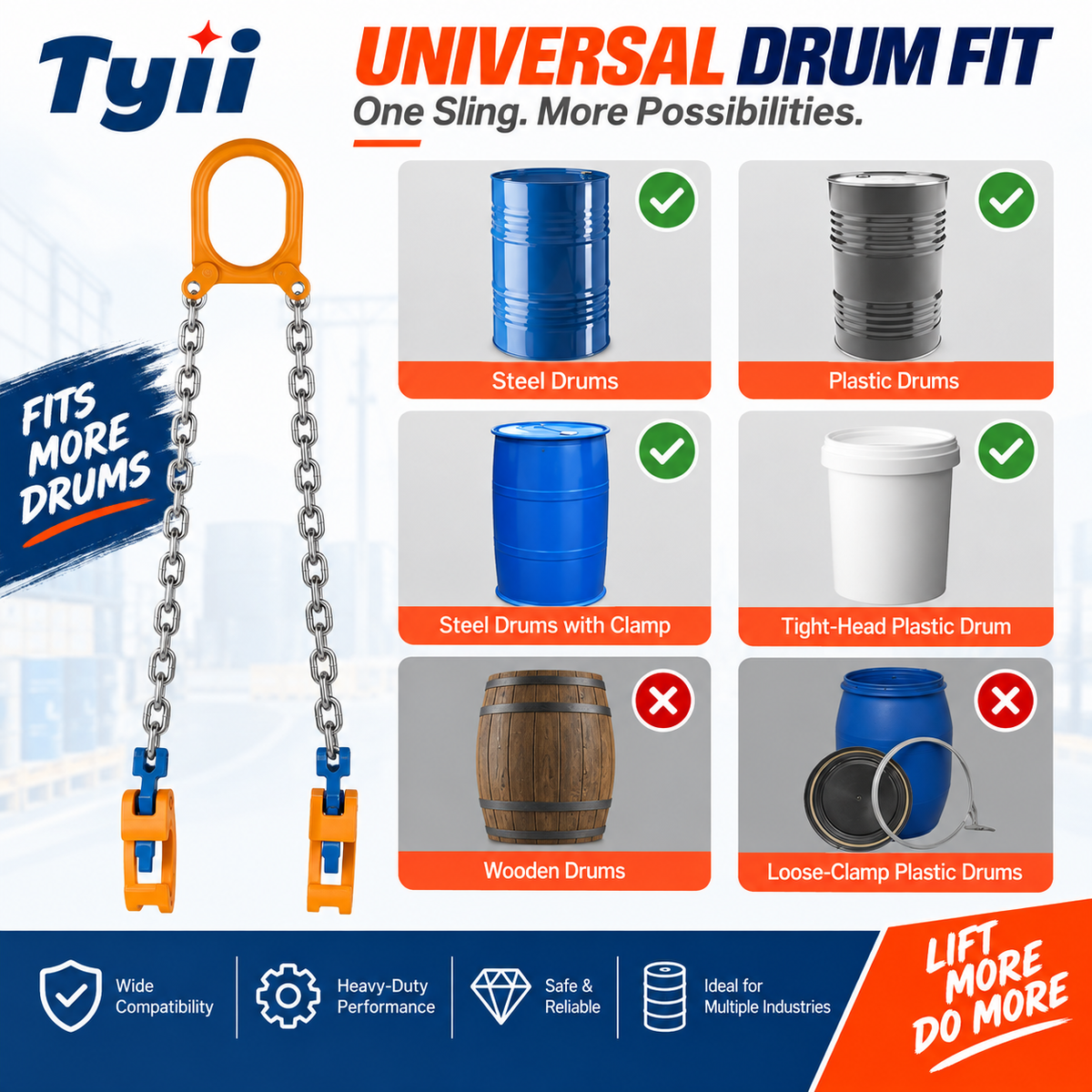 TYII™ Heavy-Duty Drum Lifter – G80 Alloy Steel Chain Sling with Safety Hooks, 2200 lbs Capacity for Steel & Plastic Drums