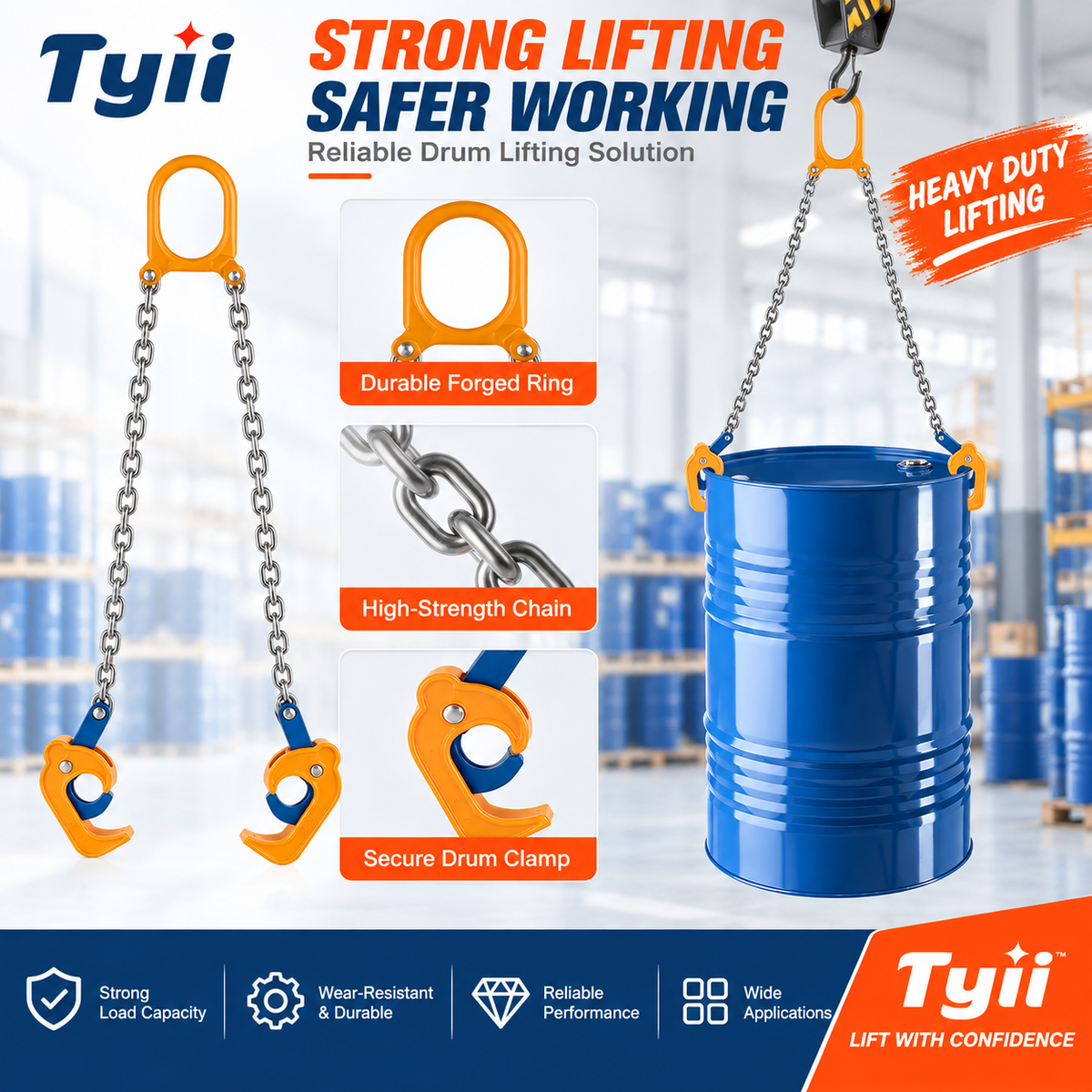 TYII™ Heavy-Duty Drum Lifter – G80 Alloy Steel Chain Sling with Safety Hooks, 2200 lbs Capacity for Steel & Plastic Drums