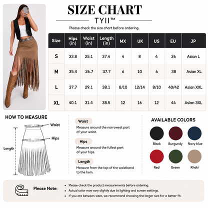 TYII™ Women's Y2K Western Fringe Midi Skirt – High-Waist Fitted Tassel Skirt