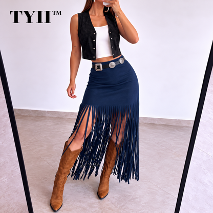 TYII™ Women's Y2K Western Fringe Midi Skirt – High-Waist Fitted Tassel Skirt