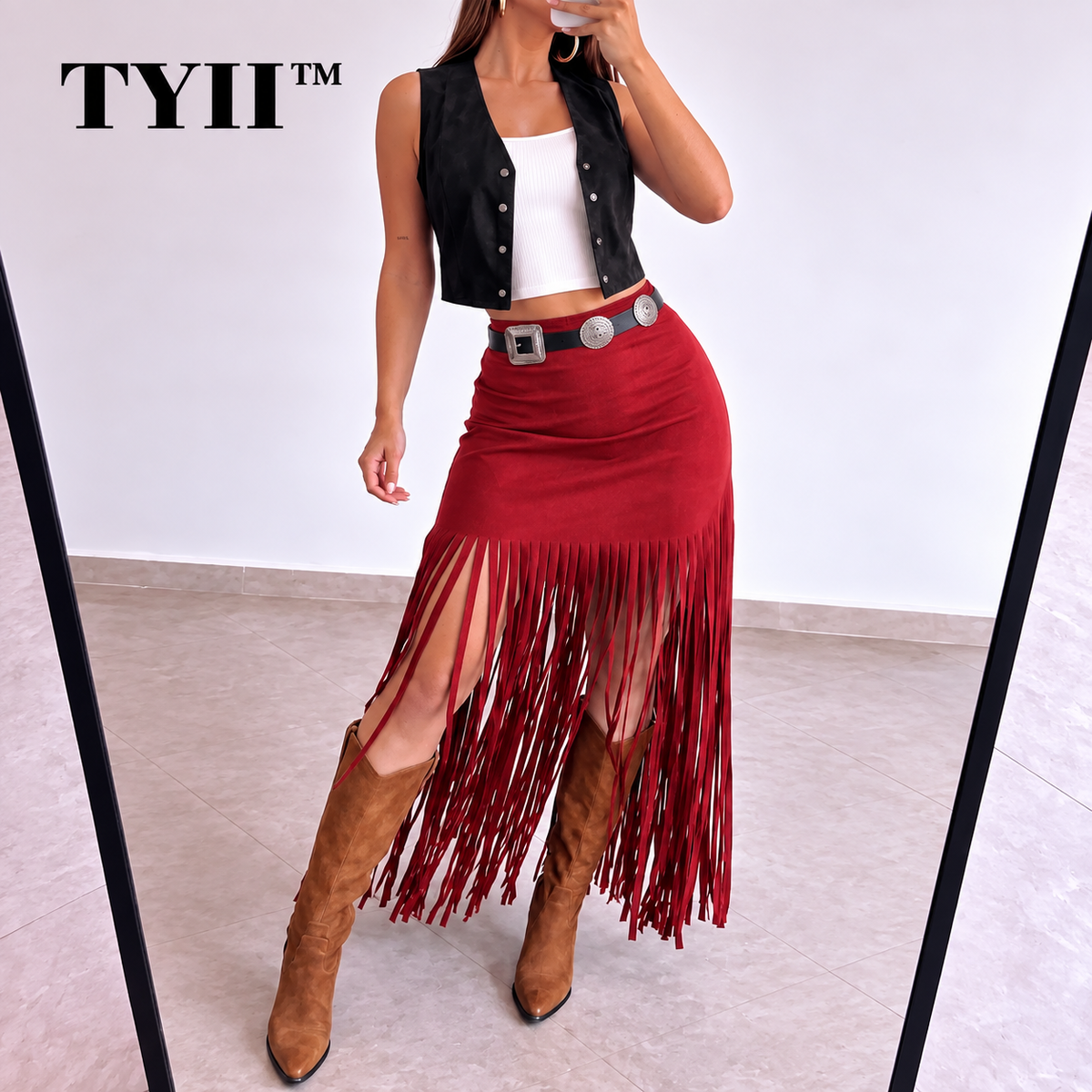 TYII™ Women's Y2K Western Fringe Midi Skirt – High-Waist Fitted Tassel Skirt