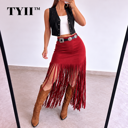 TYII™ Women's Y2K Western Fringe Midi Skirt – High-Waist Fitted Tassel Skirt