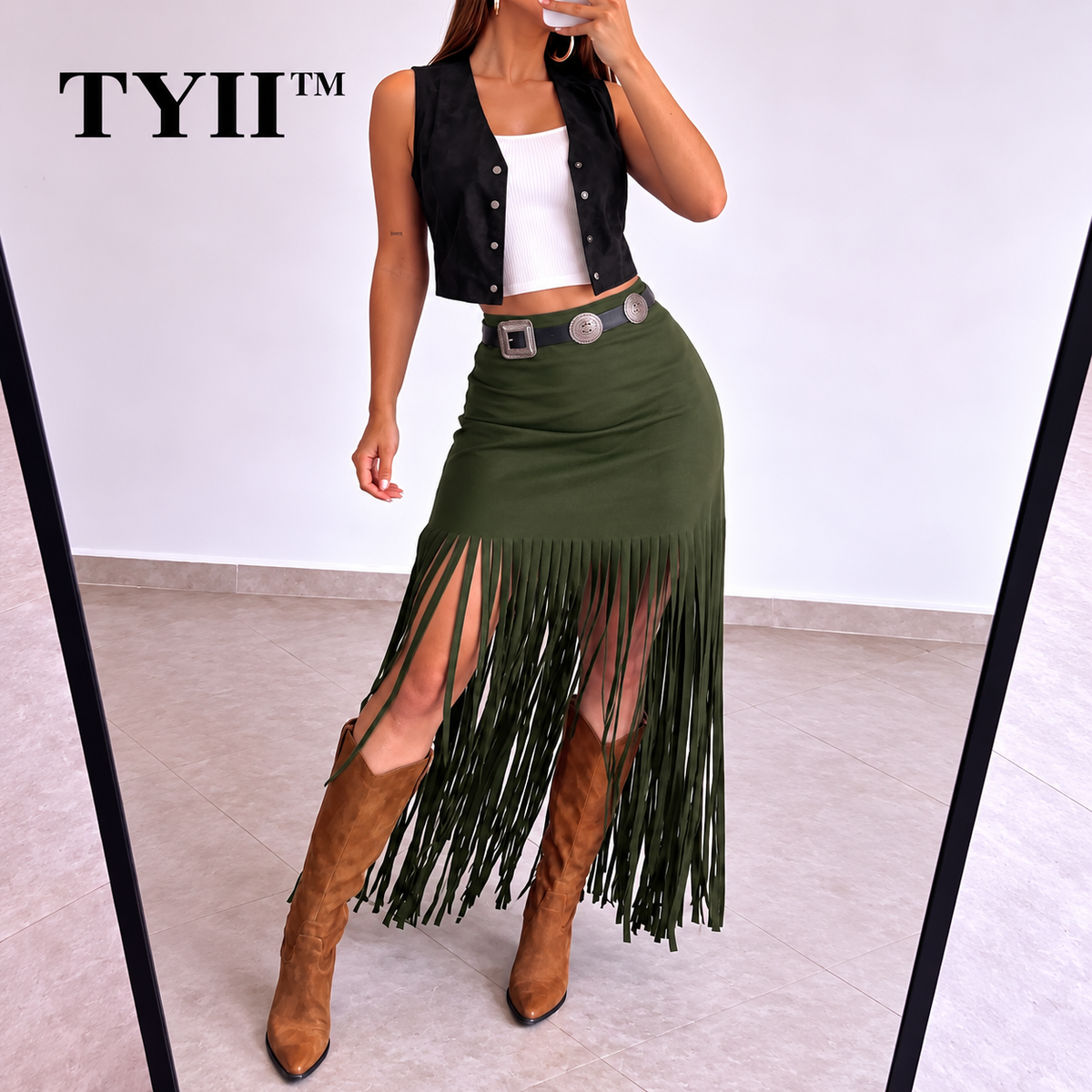 TYII™ Women's Y2K Western Fringe Midi Skirt – High-Waist Fitted Tassel Skirt