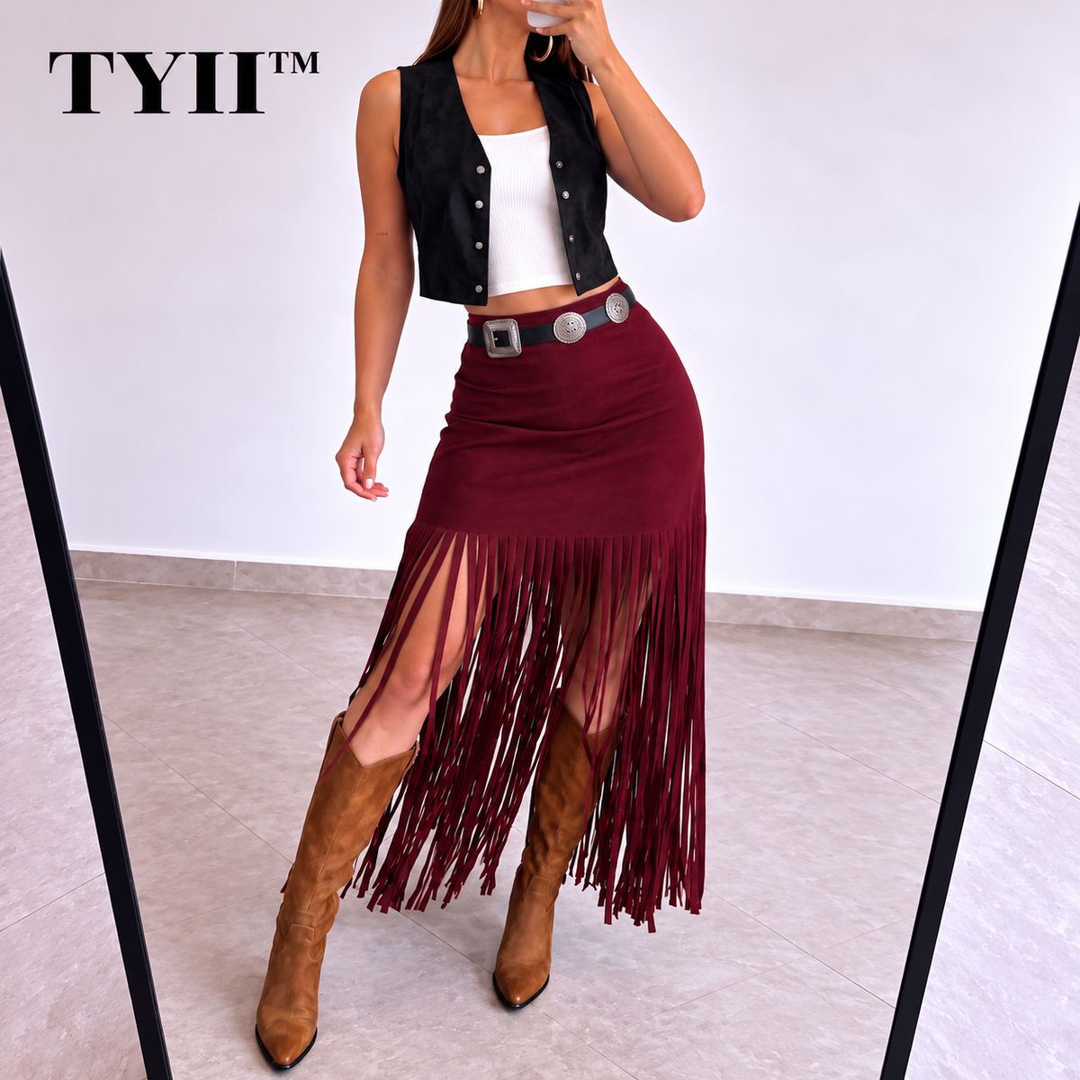 TYII™ Women's Y2K Western Fringe Midi Skirt – High-Waist Fitted Tassel Skirt
