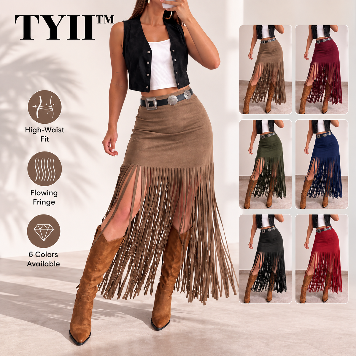 TYII™ Women's Y2K Western Fringe Midi Skirt – High-Waist Fitted Tassel Skirt