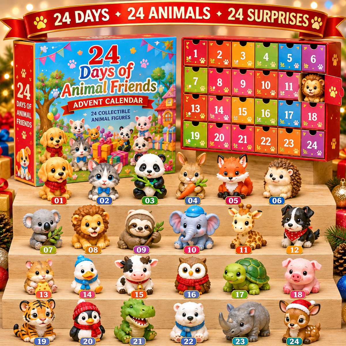 TYIIPRO™ 24 Days of Animal Friends Advent Calendar – 24 Collectible Animal Figures Christmas Countdown Gift for Kids