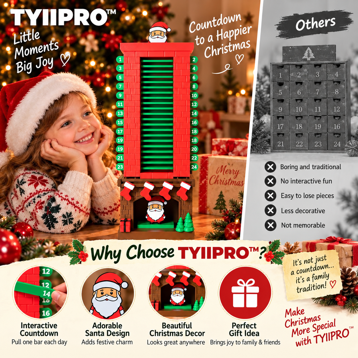 TYIIPRO™ Santa Christmas Countdown Advent Calendar – 24-Day Interactive Fireplace Countdown Decoration