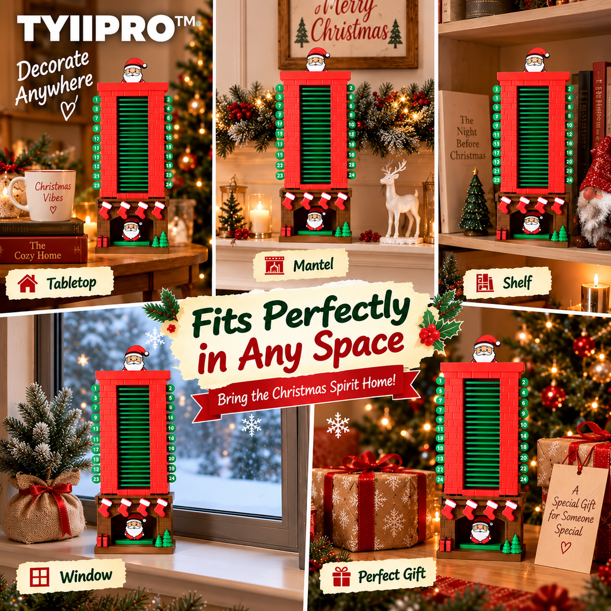 TYIIPRO™ Santa Christmas Countdown Advent Calendar – 24-Day Interactive Fireplace Countdown Decoration