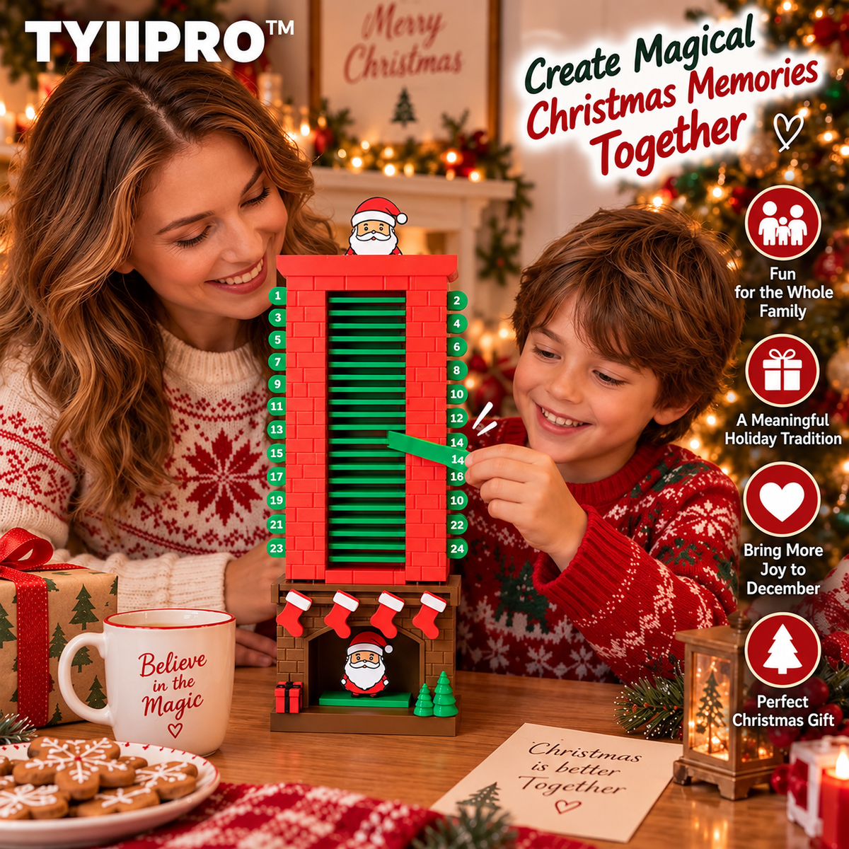 TYIIPRO™ Santa Christmas Countdown Advent Calendar – 24-Day Interactive Fireplace Countdown Decoration