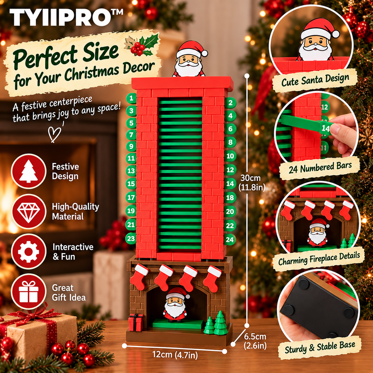 TYIIPRO™ Santa Christmas Countdown Advent Calendar – 24-Day Interactive Fireplace Countdown Decoration