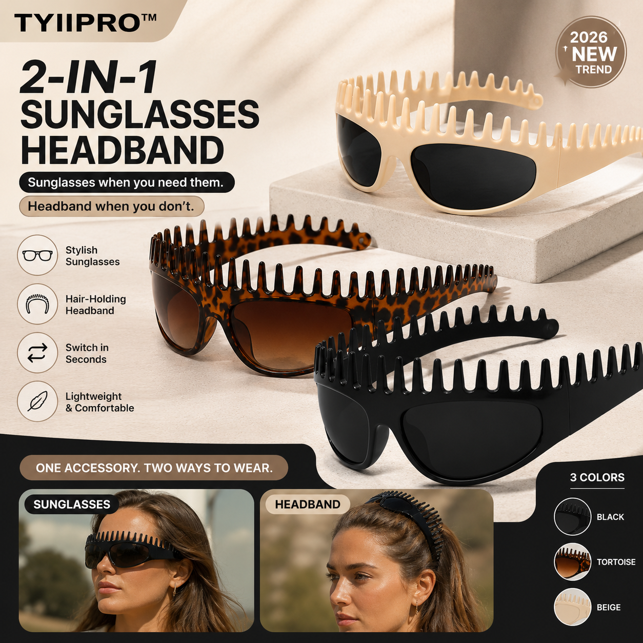 2026 2-in-1 Sunglasses Headband – Hair-Holding Comb Shades