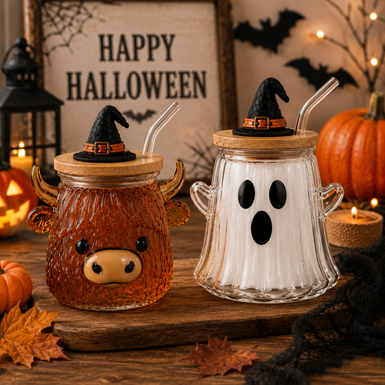 🎃 Halloween Glass Cup Collection – Highland Cow, Ghost & Pumpkin | 12oz Glass Cup with Wooden Lid & Straw
