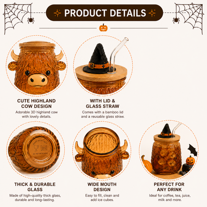 🎃 Halloween Glass Cup Collection – Highland Cow, Ghost & Pumpkin | 12oz Glass Cup with Wooden Lid & Straw