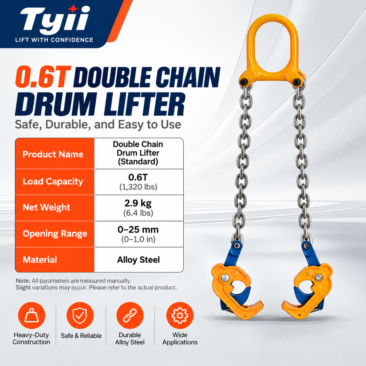 TYII™ Heavy-Duty Drum Lifter – G80 Alloy Steel Chain Sling with Safety Hooks, 2200 lbs Capacity for Steel & Plastic Drums