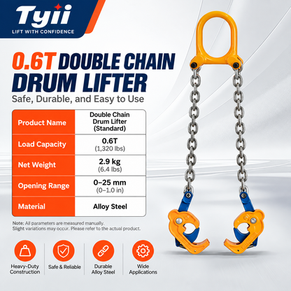 TYII™ Heavy-Duty Drum Lifter – G80 Alloy Steel Chain Sling with Safety Hooks, 2200 lbs Capacity for Steel & Plastic Drums