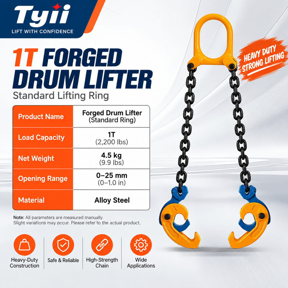 TYII™ Heavy-Duty Drum Lifter – G80 Alloy Steel Chain Sling with Safety Hooks, 2200 lbs Capacity for Steel & Plastic Drums