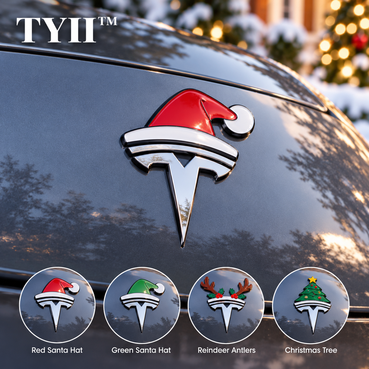 TYII™ Christmas Car Emblem Decorations – 3D Holiday Badge Stickers for Tesla