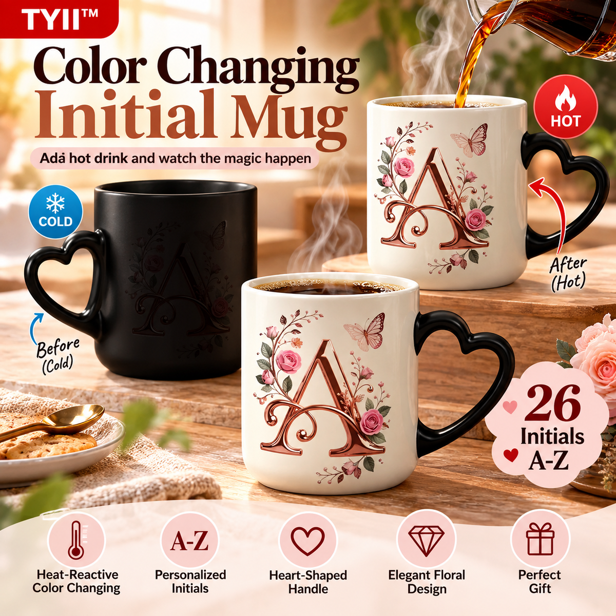 TYII™ Personalized Initial Color-Changing Mug – Heat-Reactive Floral Coffee Cup with Heart Handle, A–Z