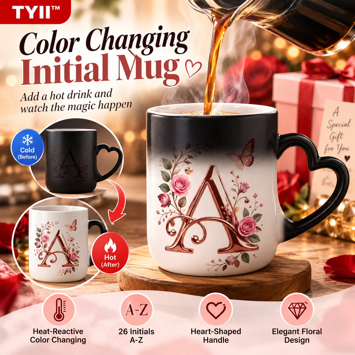 TYII™ Personalized Initial Color-Changing Mug – Heat-Reactive Floral Coffee Cup with Heart Handle, A–Z