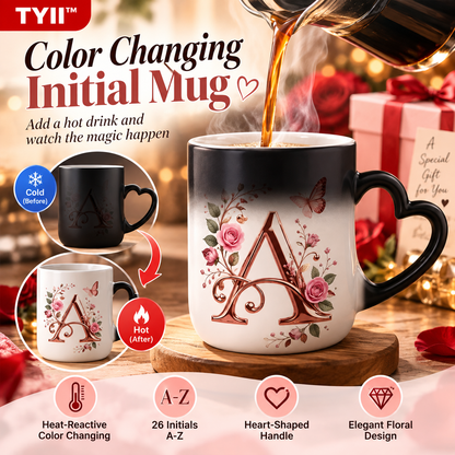 TYII™ Personalized Initial Color-Changing Mug – Heat-Reactive Floral Coffee Cup with Heart Handle, A–Z