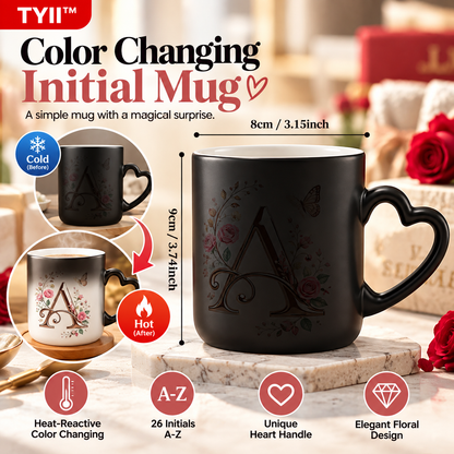 TYII™ Personalized Initial Color-Changing Mug – Heat-Reactive Floral Coffee Cup with Heart Handle, A–Z