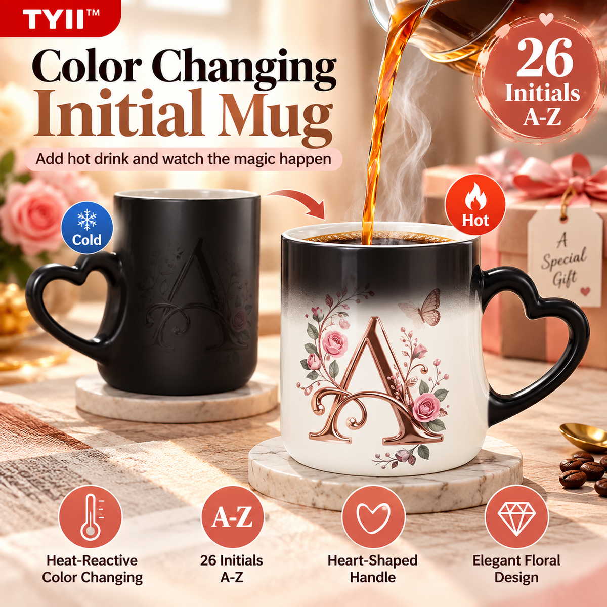 TYII™ Personalized Initial Color-Changing Mug – Heat-Reactive Floral Coffee Cup with Heart Handle, A–Z