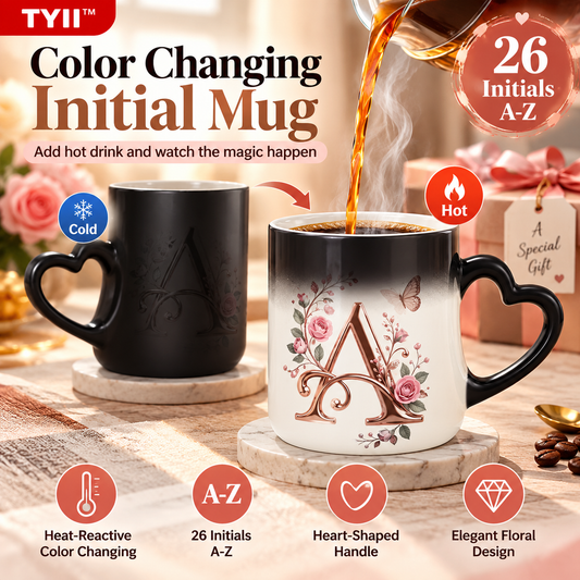 TYII™ Personalized Initial Color-Changing Mug – Heat-Reactive Floral Coffee Cup with Heart Handle, A–Z