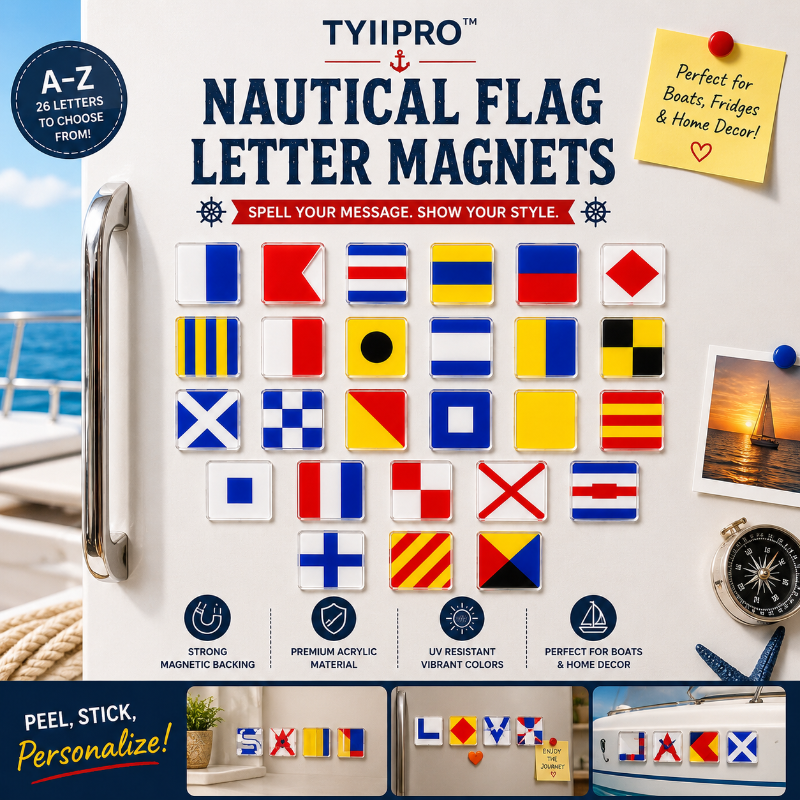 TYIIPRO™ Nautical Flag Letter Magnets – Personalized Maritime Signal Flag Tiles for Boats, Beach Homes & Coastal Decor