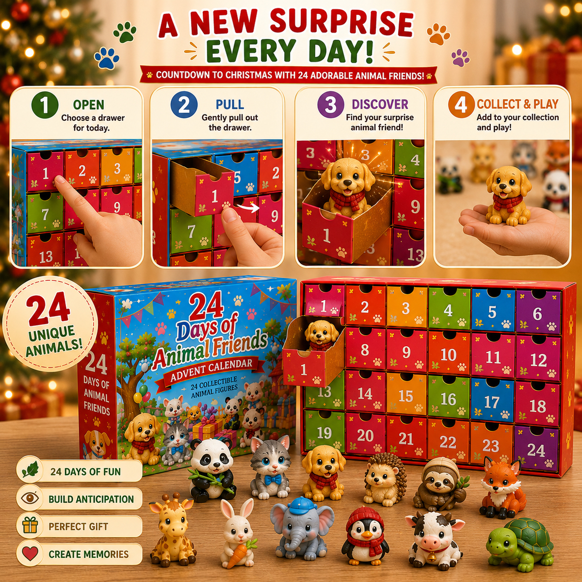 TYIIPRO™ 24 Days of Animal Friends Advent Calendar – 24 Collectible Animal Figures Christmas Countdown Gift for Kids