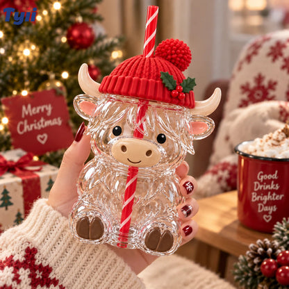 ❤️TYIIPRO™ Highland Cow Christmas Glass Cup with Straw – Cute Holiday Tumbler Gift