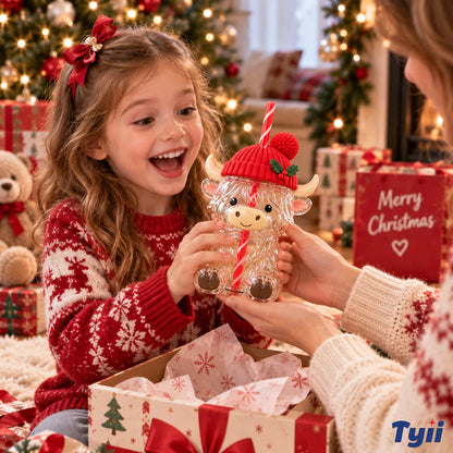 ❤️TYIIPRO™ Highland Cow Christmas Glass Cup with Straw – Cute Holiday Tumbler Gift