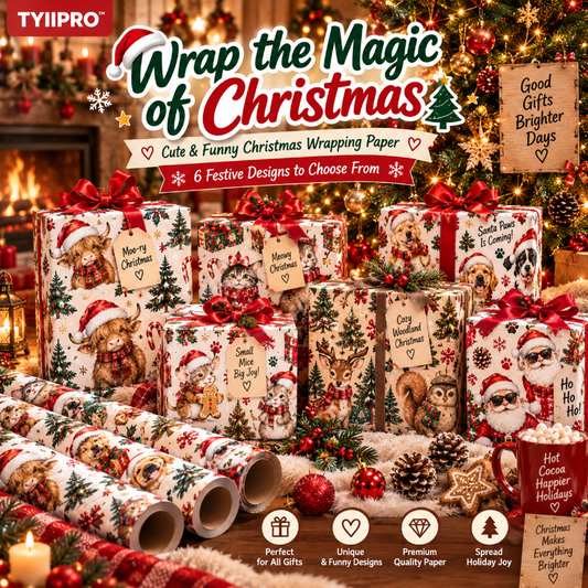 TYIIPRO™ Christmas Wrapping Paper – Cute & Funny Holiday Gift Wrap, 6 Festive Designs