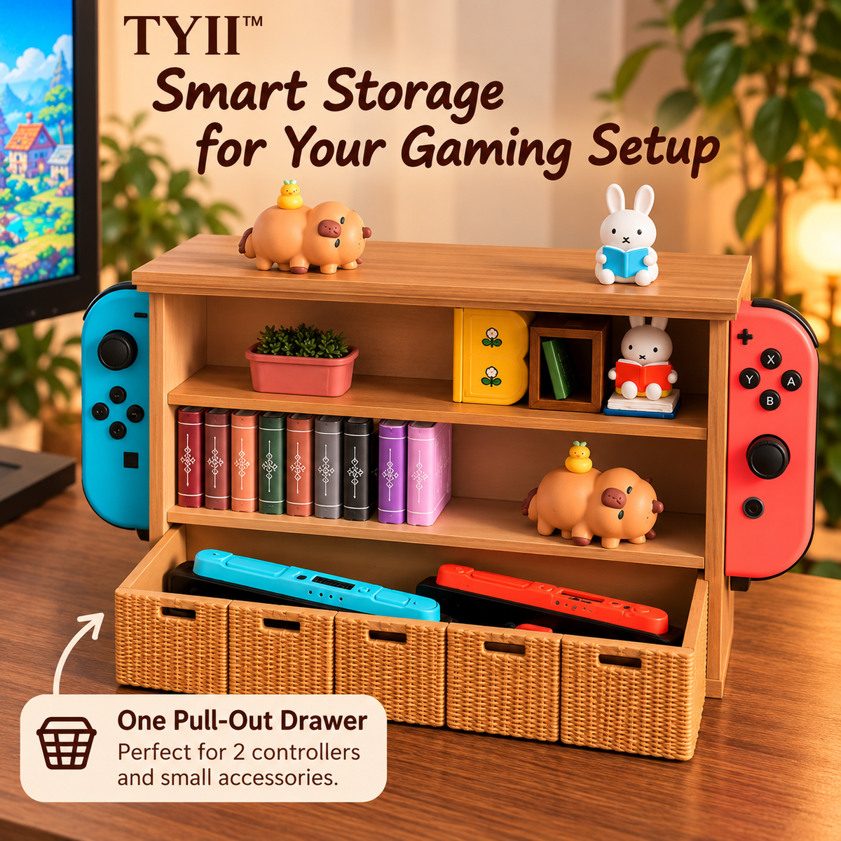 Mini Bookcase Gaming Dock Cover – Hidden Game Card Storage & Cozy Desk Decor | TYII™