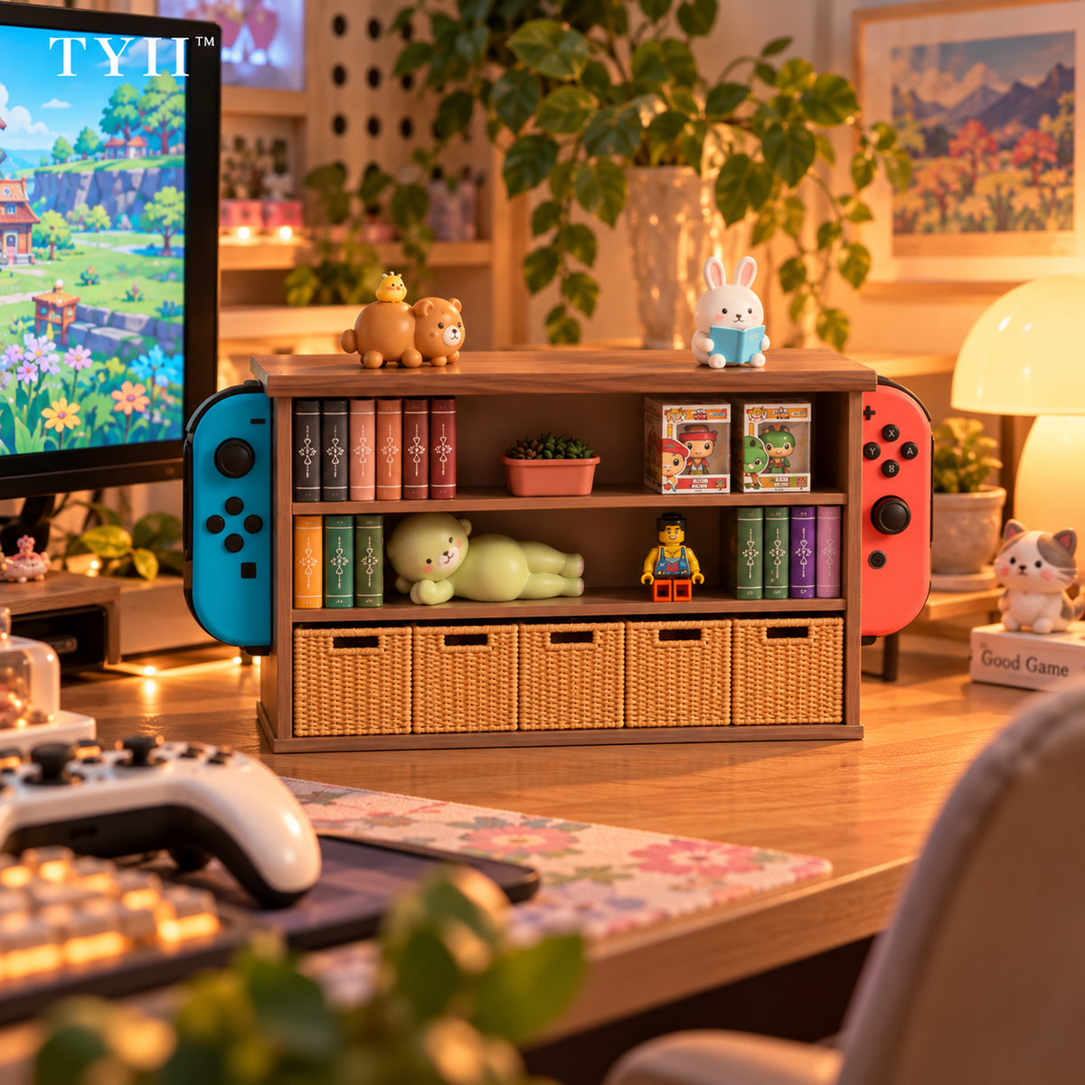 Mini Bookcase Gaming Dock Cover – Hidden Game Card Storage & Cozy Desk Decor | TYII™