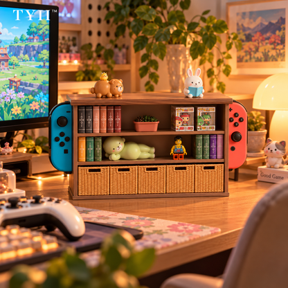 Mini Bookcase Gaming Dock Cover – Hidden Game Card Storage & Cozy Desk Decor | TYII™