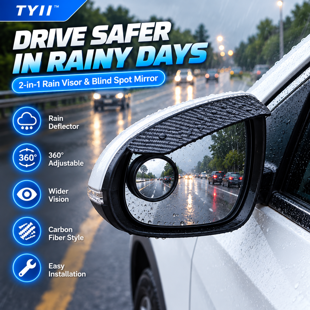 TYII™ 2-in-1 Rearview Mirror Rain Visor & 360° Blind Spot Mirror – Carbon Fiber Style, Universal Car Accessories