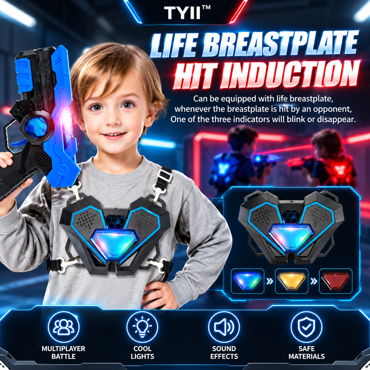 TYII™ 2-Player Laser Tag Set for Kids – Infrared Blaster Guns with LED Chest Sensors, Lights & Sounds, Indoor & Outdoor Battle Game