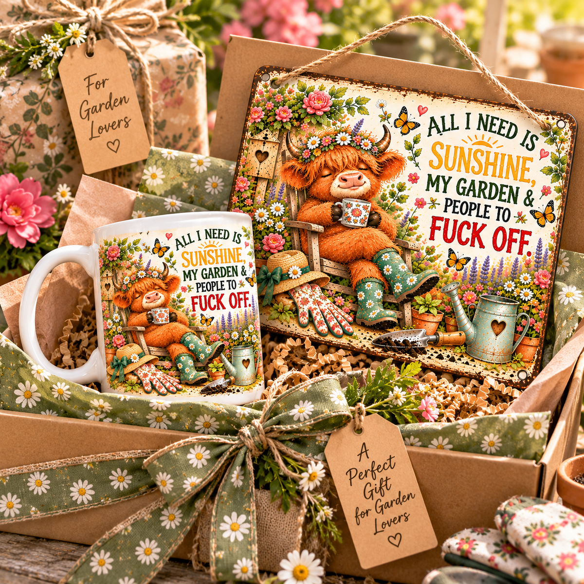 Funny Highland Cow Gardening Mug & Garden Sign – Rustic Garden Gifts | TYII™
