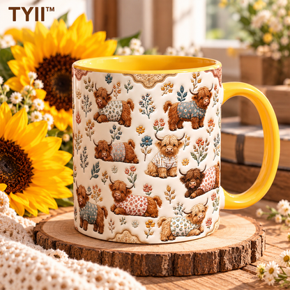 Highland Cow Floral Coffee Mug – Cute Farmhouse Cow Ceramic Cup, 11oz