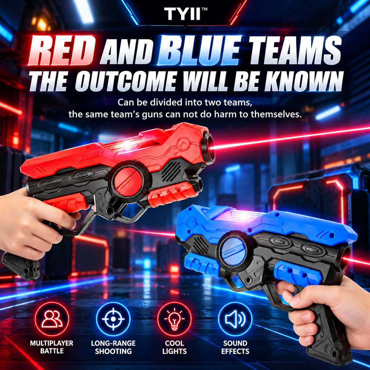 TYII™ 2-Player Laser Tag Set for Kids – Infrared Blaster Guns with LED Chest Sensors, Lights & Sounds, Indoor & Outdoor Battle Game