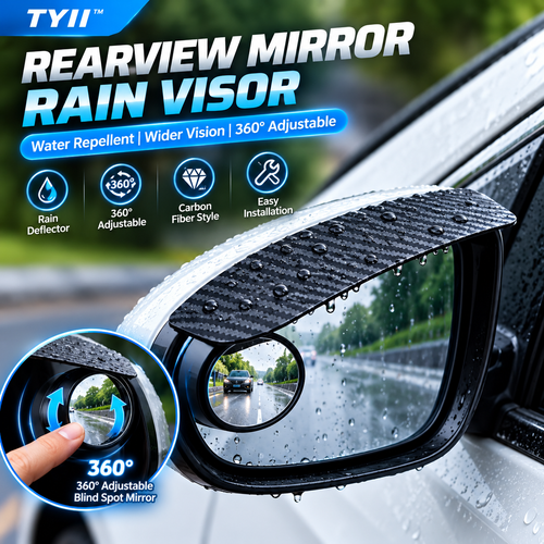 TYII™ 2-in-1 Rearview Mirror Rain Visor & 360° Blind Spot Mirror – Carbon Fiber Style, Universal Car Accessories
